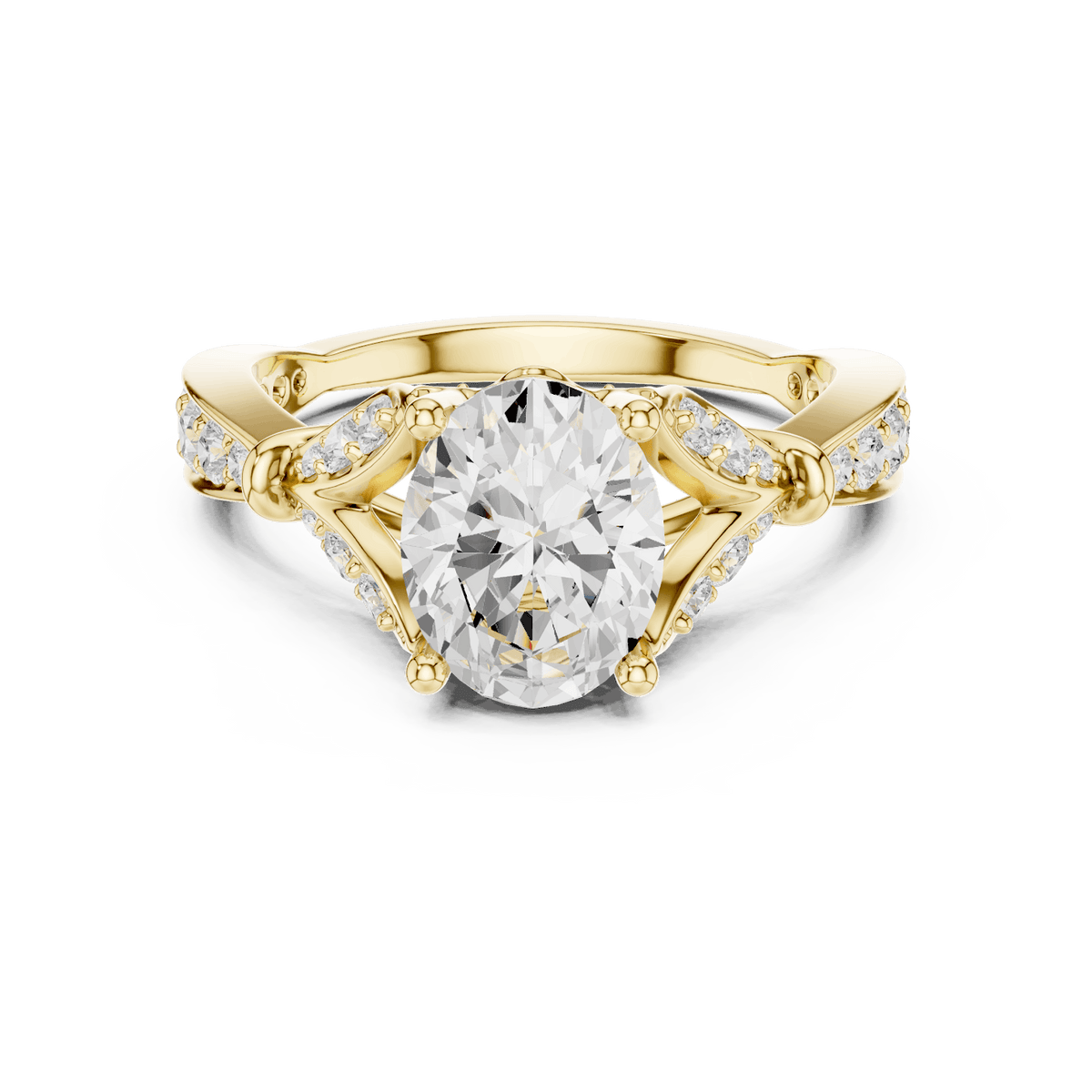 Vintage Leaf Solitaire Diamond Engagement Ring featuring a round brilliant center stone, marquise leaf motifs, and pavé diamond accents on a polished band by Orova Jewels.