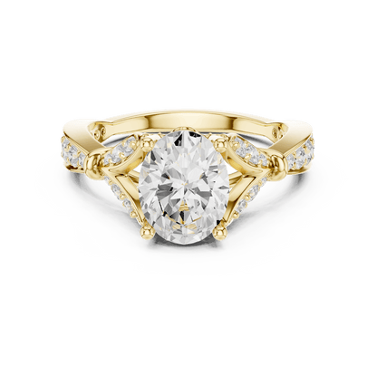 Vintage Leaf Solitaire Diamond Engagement Ring featuring a round brilliant center stone, marquise leaf motifs, and pavé diamond accents on a polished band by Orova Jewels.