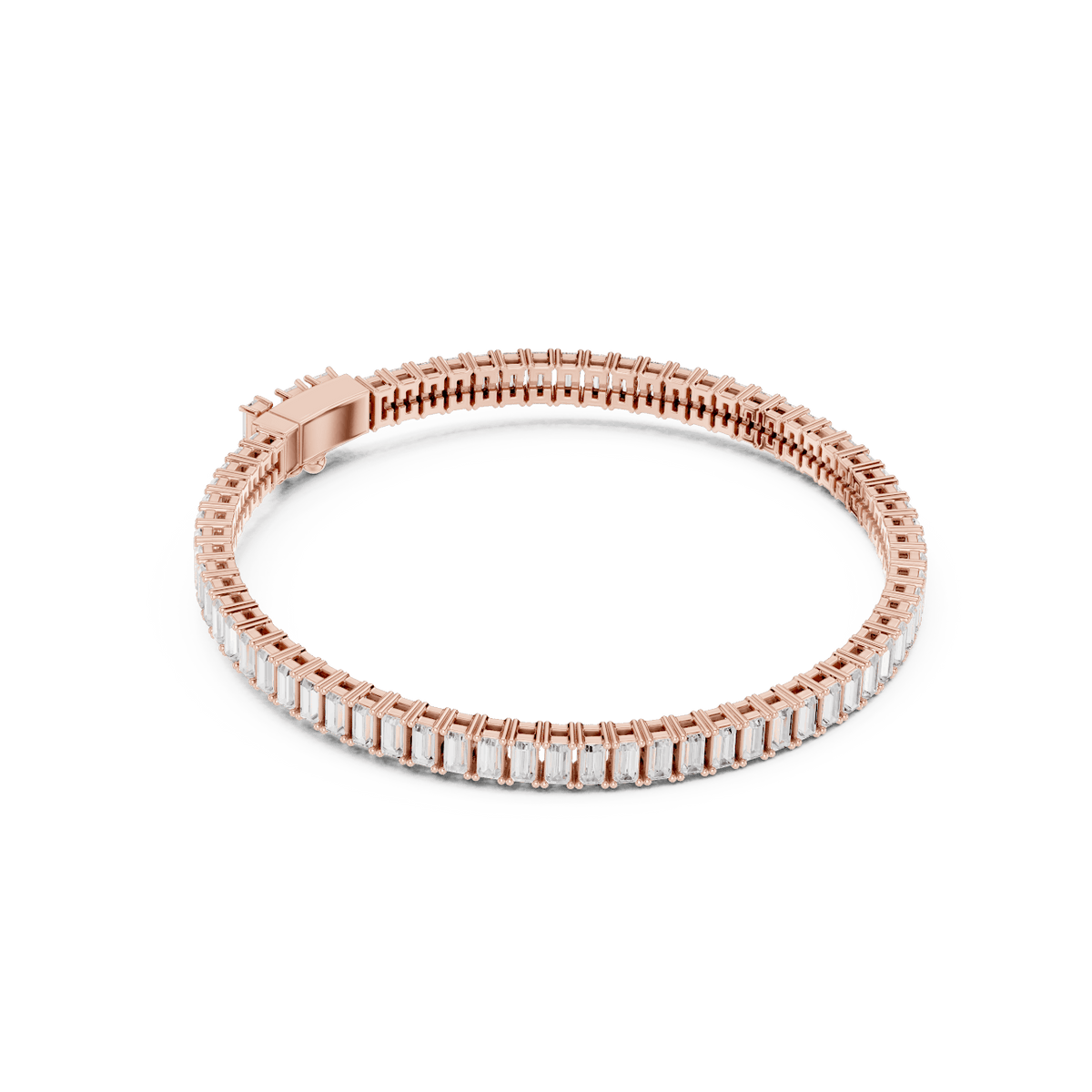 Emerald-cut diamond tennis bracelet featuring a continuous row of sparkling rectangular stones with a secure box clasp by Orova Jewels.