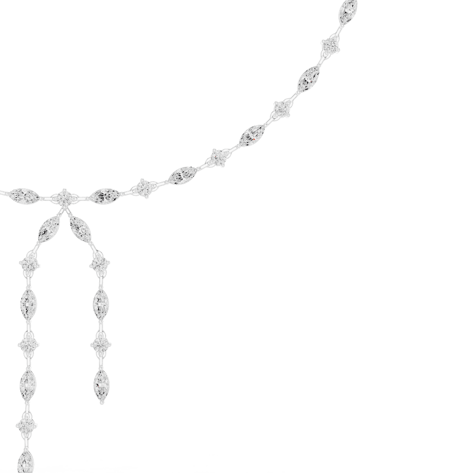 Marquise Diamond Bow Drop Necklace featuring alternating marquise-shaped links, a bow-inspired centerpiece, and elegant cascading drop accents by Orova Jewels.