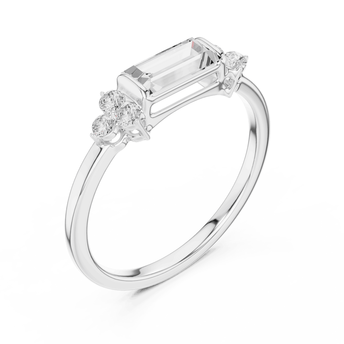 Emerald Cut Diamond Three-Stone Engagement Ring featuring an emerald-cut center stone with round diamond side accents on a polished band by Orova Jewels.