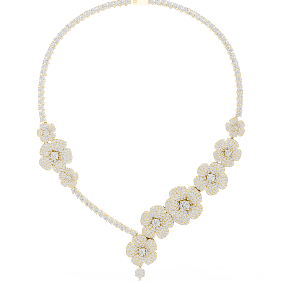 Floral diamond statement necklace featuring sparkling flower motifs and an elegant drop centerpiece by Orova Jewels.