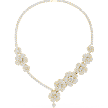 Floral diamond statement necklace featuring sparkling flower motifs and an elegant drop centerpiece by Orova Jewels.