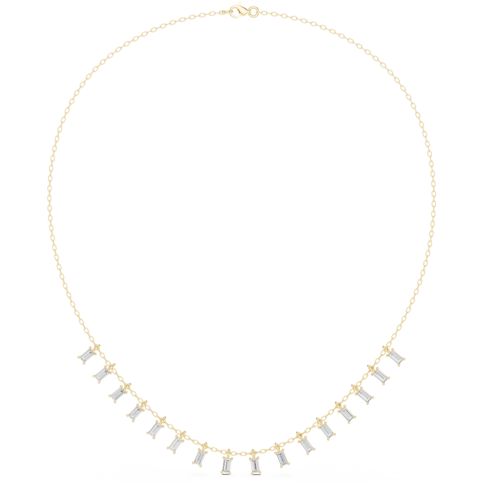Baguette diamond fringe necklace featuring elegant geometric stone drops on a delicate chain by Orova Jewels.