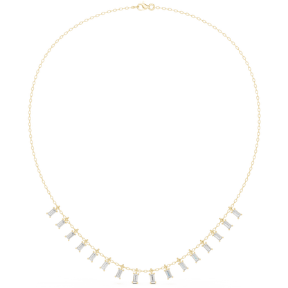 Baguette diamond fringe necklace featuring elegant geometric stone drops on a delicate chain by Orova Jewels.