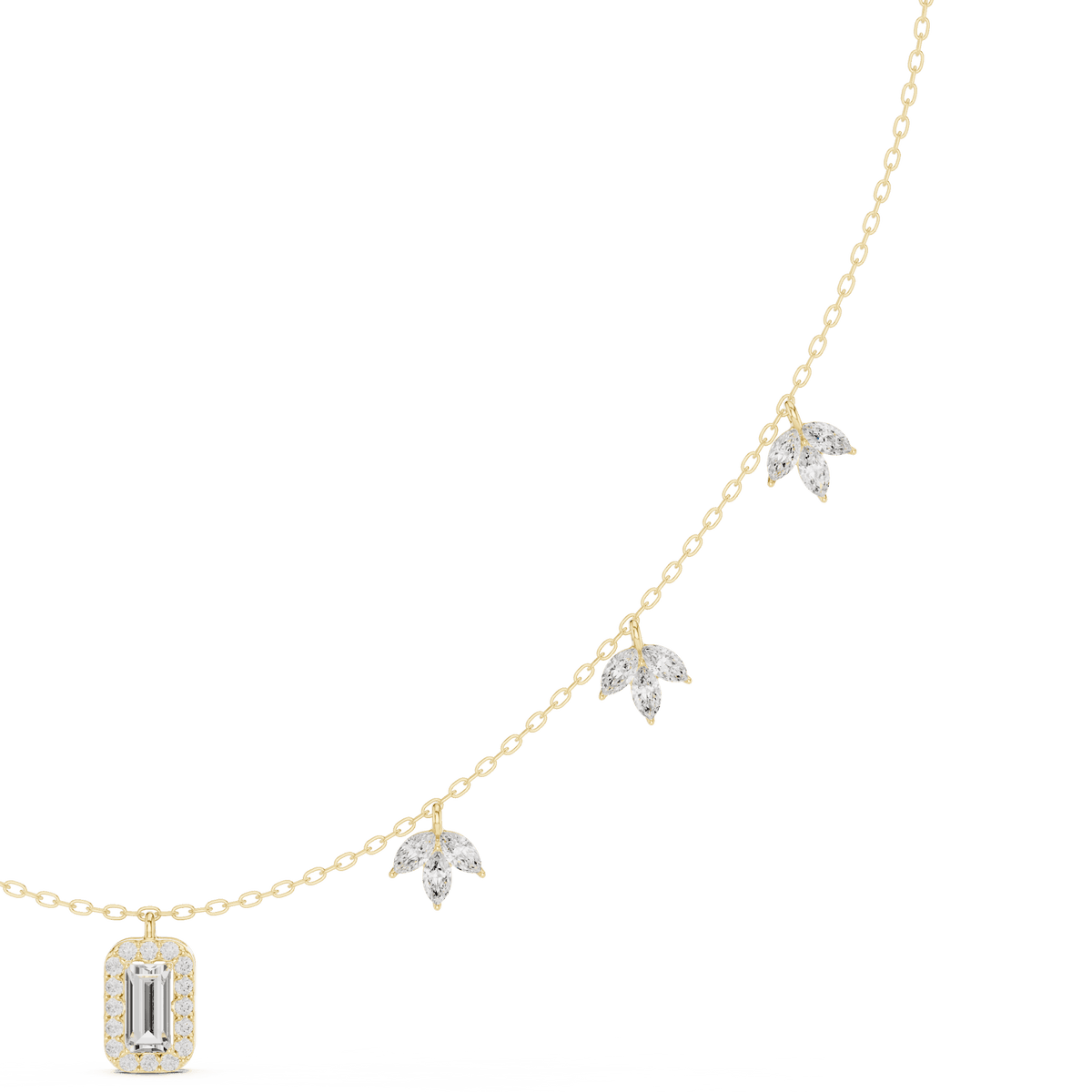 Emerald-cut diamond charm necklace featuring a delicate chain with sparkling station accents and a modern centerpiece by Orova Jewels.