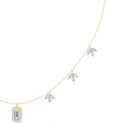 Emerald-cut diamond charm necklace featuring a delicate chain with sparkling station accents and a modern centerpiece by Orova Jewels.