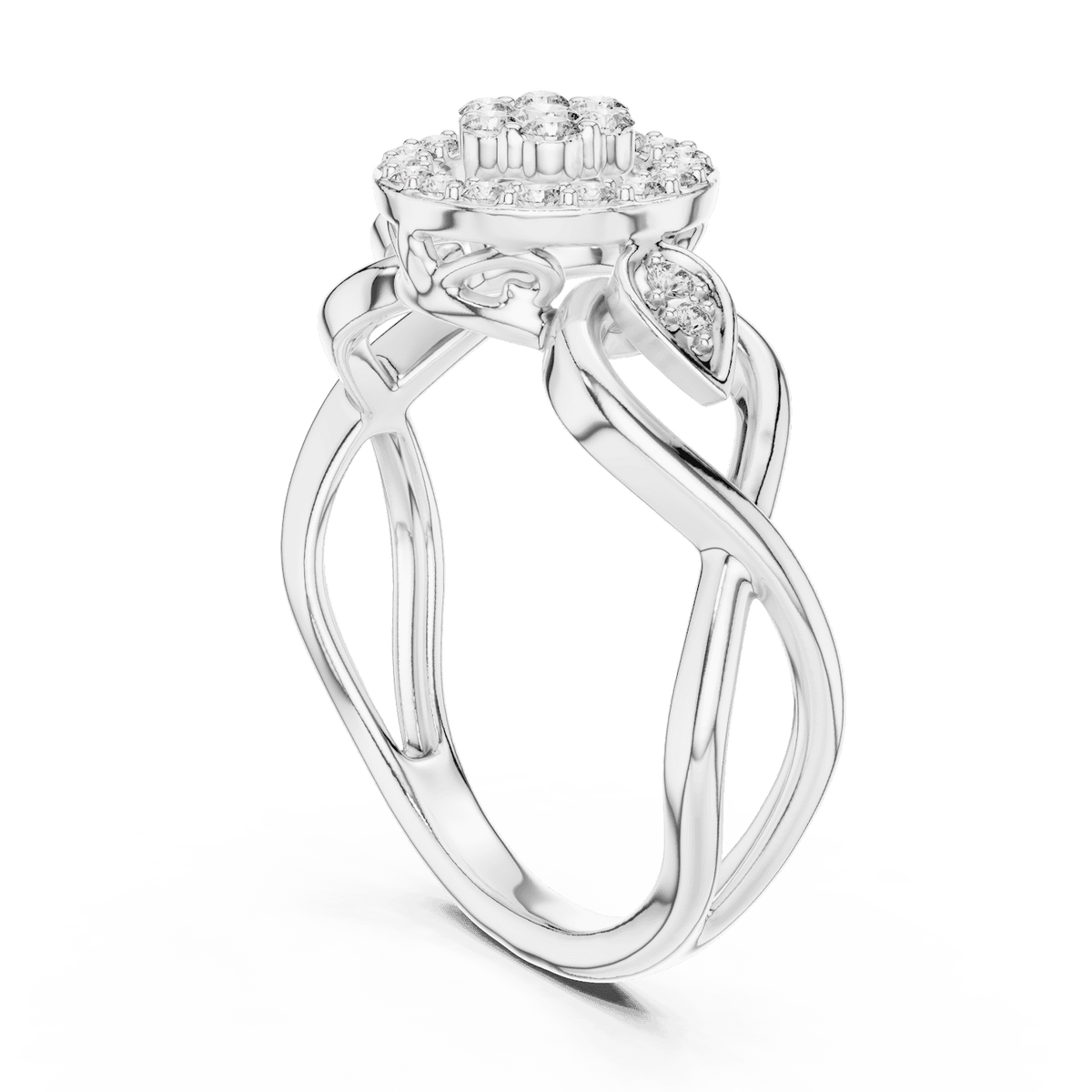Floral halo diamond twist ring featuring a sparkling flower-inspired cluster center, halo setting, and elegant split-shank band by Orova Jewels.