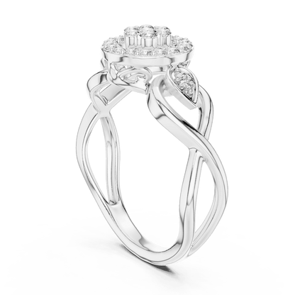 Floral halo diamond twist ring featuring a sparkling flower-inspired cluster center, halo setting, and elegant split-shank band by Orova Jewels.