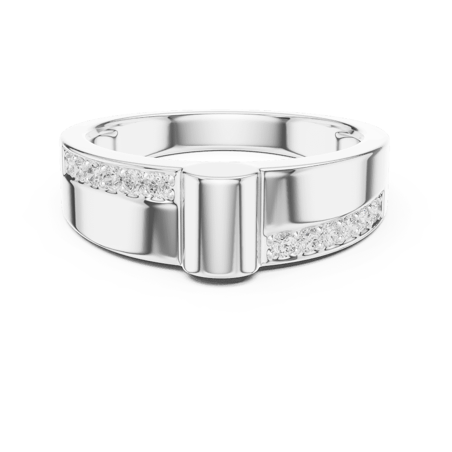 Modern channel-set diamond band ring with a sleek polished finish and sparkling accent stones by Orova Jewels.
