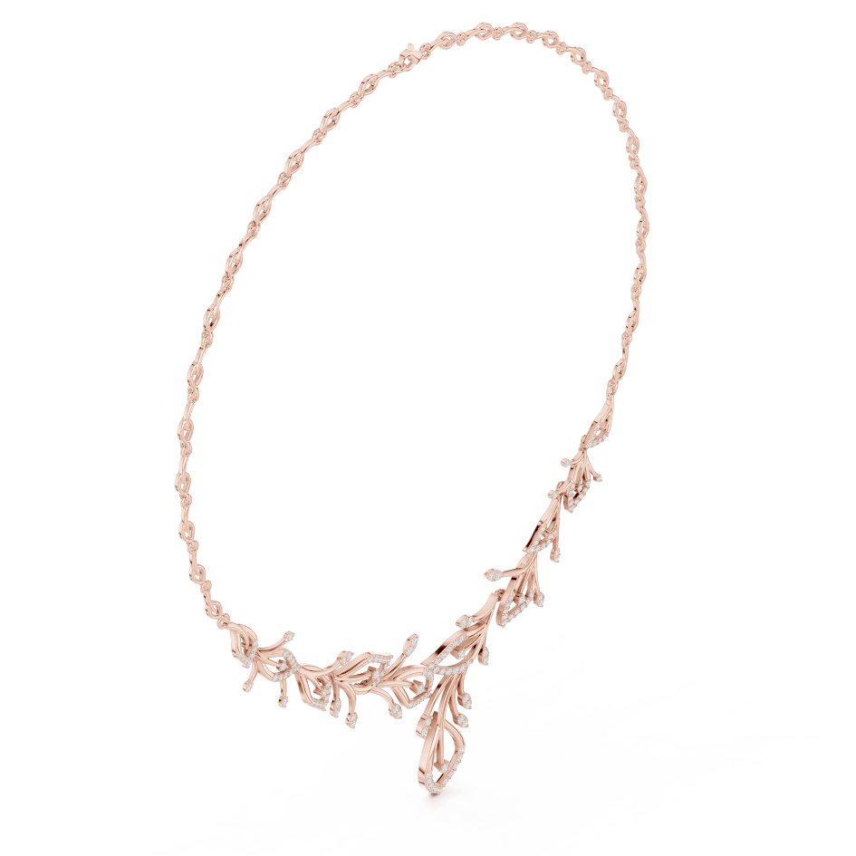 Nature-inspired yellow gold leaf necklace with an elegant vine design and sparkling stone accents by Orova Jewels.