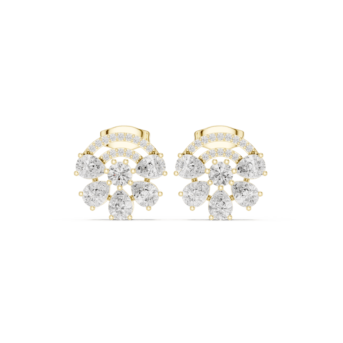 Baguette and round diamond cluster stud earrings featuring a modern geometric design with brilliant sparkling stones by Orova Jewels.