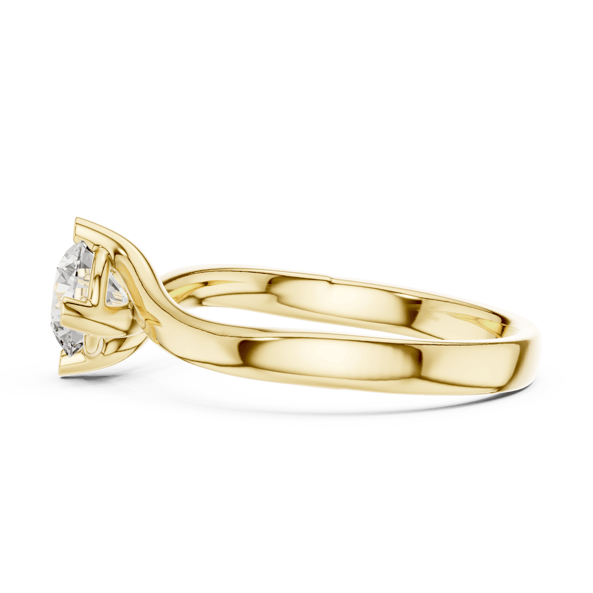 Twisted solitaire diamond engagement ring featuring a round-cut center stone in a four-prong setting with a sleek sculpted twisted band by Orova Jewels.
