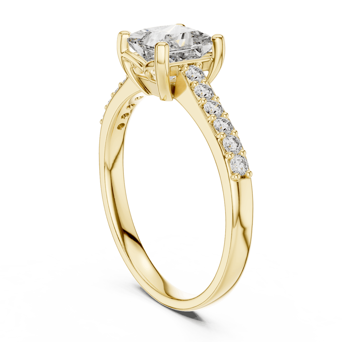 Classic pavé solitaire diamond engagement ring featuring a round-cut center stone in a four-prong setting with a sparkling pavé diamond band by Orova Jewels.