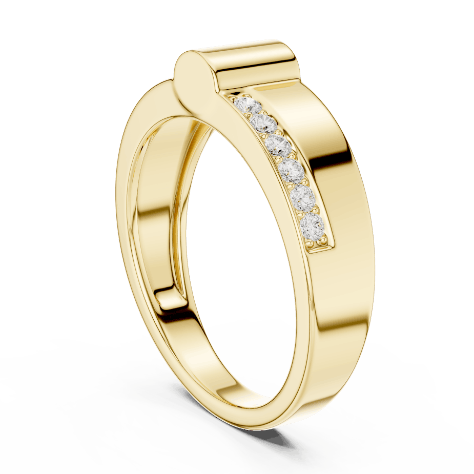 Modern channel-set diamond band ring with a sleek polished finish and sparkling accent stones by Orova Jewels.