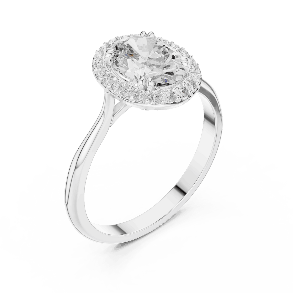 Classic halo diamond engagement ring featuring a brilliant round-cut center stone surrounded by a sparkling halo in a sleek cathedral-style setting by Orova Jewels.