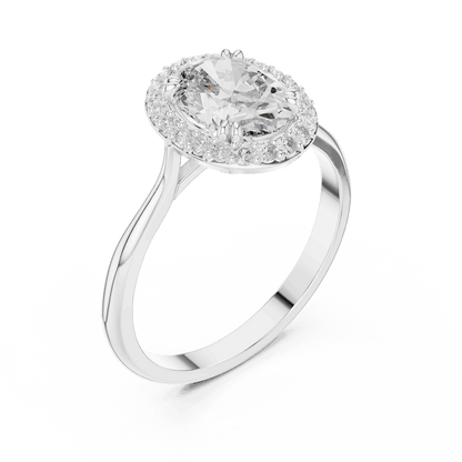 Classic halo diamond engagement ring featuring a brilliant round-cut center stone surrounded by a sparkling halo in a sleek cathedral-style setting by Orova Jewels.