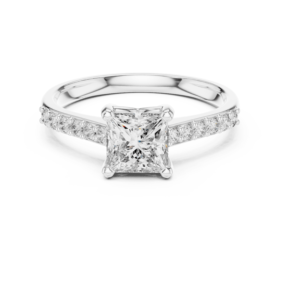 Classic pavé solitaire diamond engagement ring featuring a round-cut center stone in a four-prong setting with a sparkling pavé diamond band by Orova Jewels.