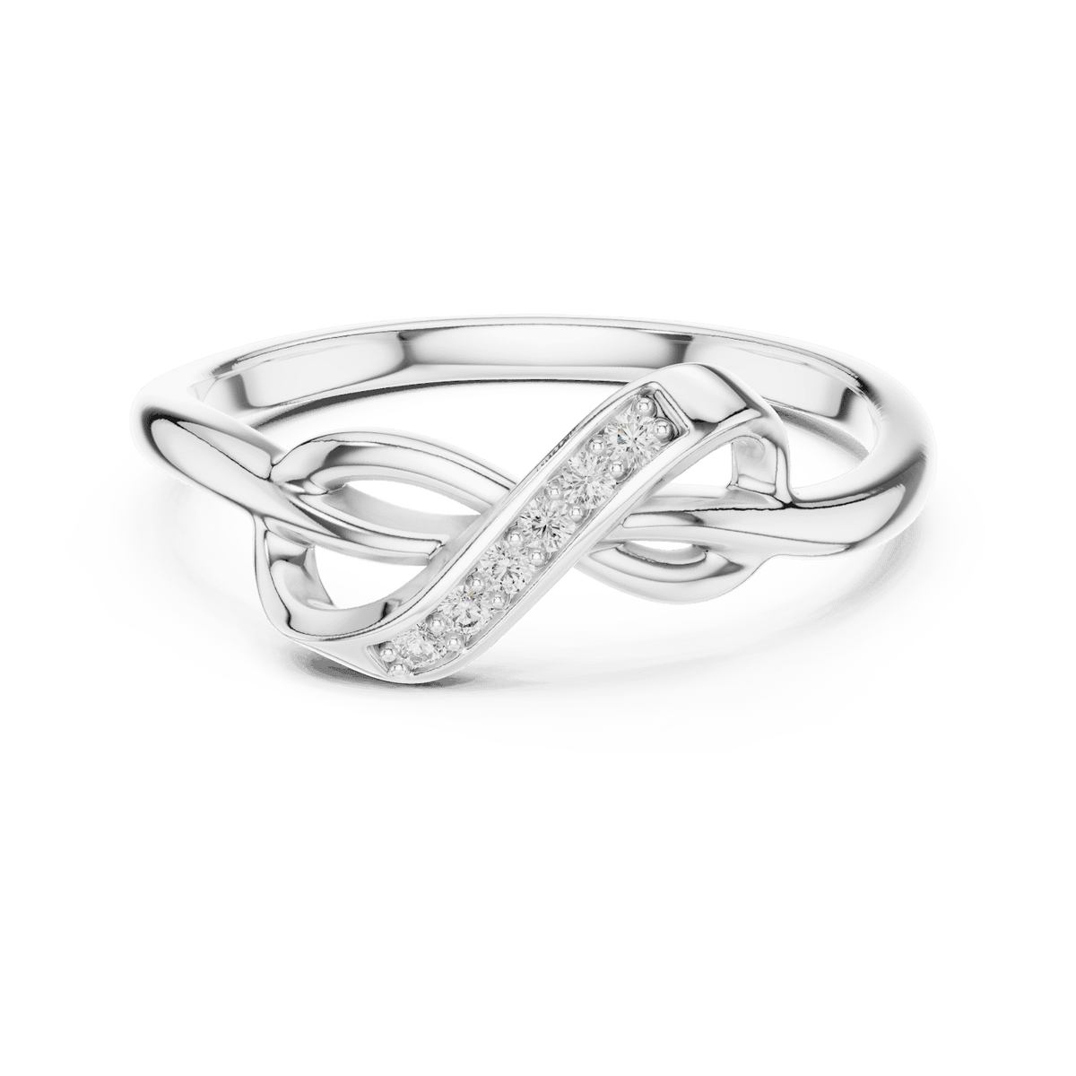 Twisted Infinity Diamond Ring featuring an elegant crossover band with sparkling accent stones and a polished finish by Orova Jewels.