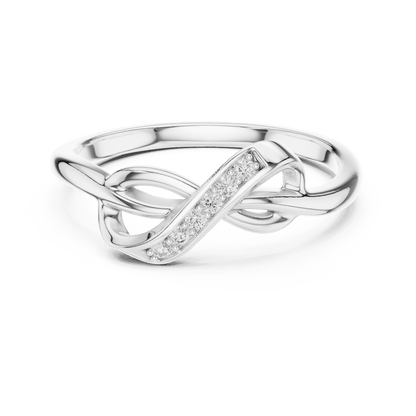 Twisted Infinity Diamond Ring featuring an elegant crossover band with sparkling accent stones and a polished finish by Orova Jewels.