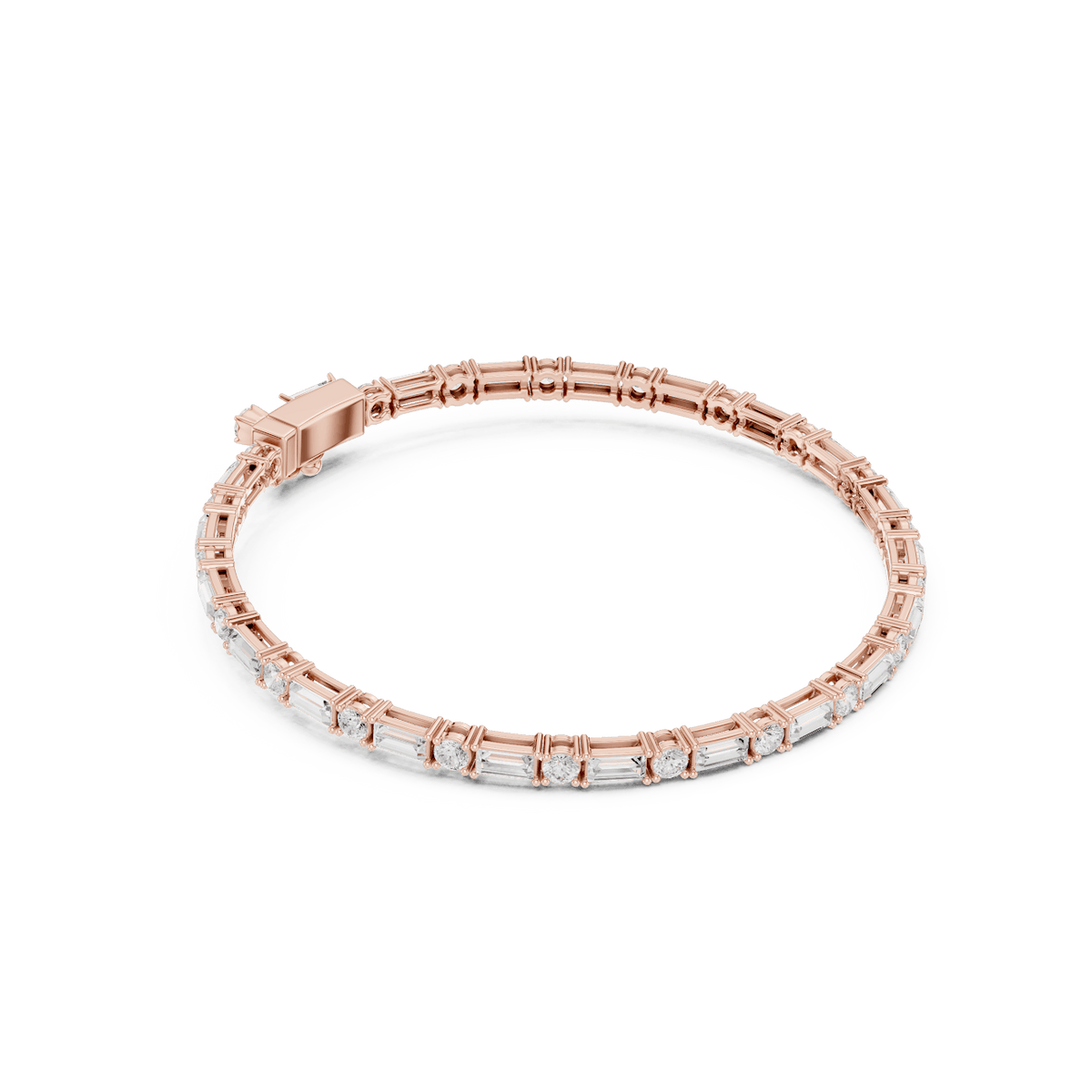 Baguette and round diamond tennis bracelet featuring alternating brilliant-cut stones with a secure box clasp by Orova Jewels.