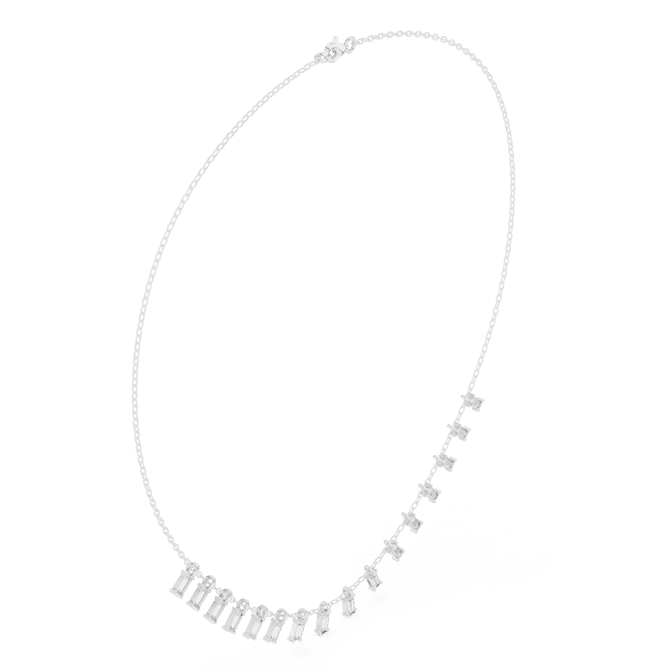 Baguette diamond fringe necklace featuring elegant geometric stone drops on a delicate chain by Orova Jewels.