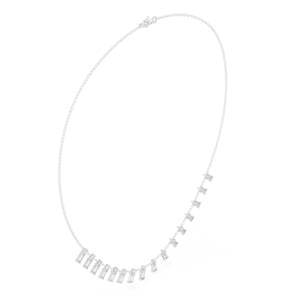 Baguette diamond fringe necklace featuring elegant geometric stone drops on a delicate chain by Orova Jewels.