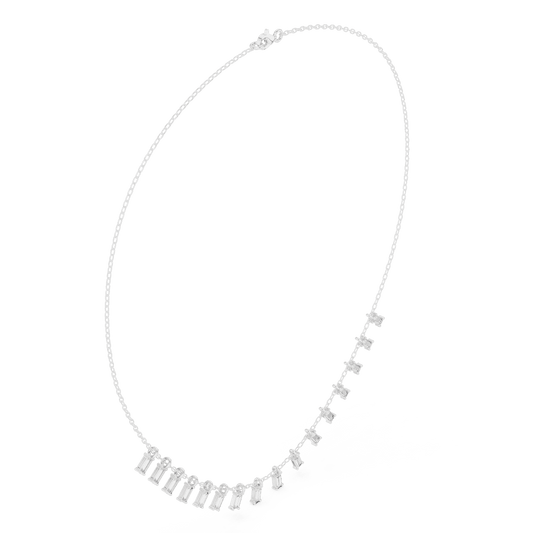 Baguette diamond fringe necklace featuring elegant geometric stone drops on a delicate chain by Orova Jewels.