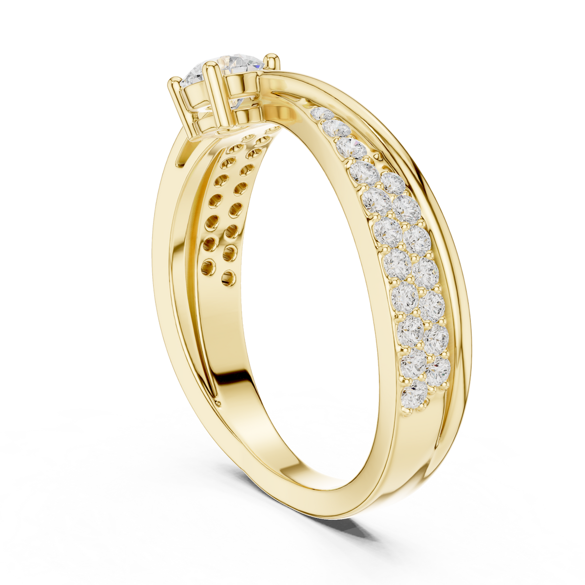 Pavé Diamond Solitaire Engagement Ring featuring a brilliant solitaire setting with a sparkling pavé diamond band and polished finish by Orova Jewels.