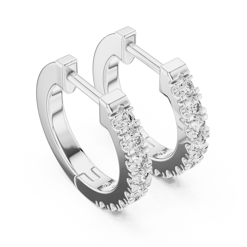Diamond huggie hoop earrings featuring a row of sparkling round stones with a secure hinged closure by Orova Jewels.