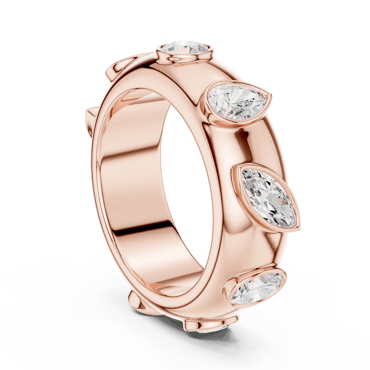 Marquise diamond eternity band ring featuring alternating marquise and round brilliant stones on a polished band by Orova Jewels.