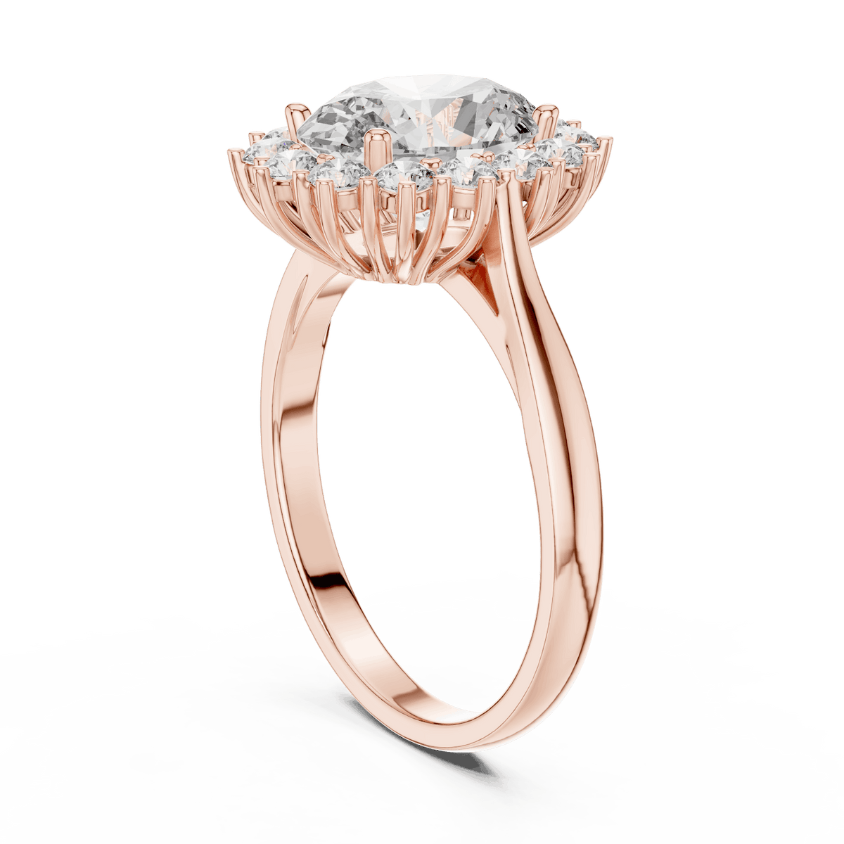 Floral halo solitaire diamond engagement ring featuring a brilliant round-cut center stone surrounded by a sparkling halo in an elegant cathedral-style setting by Orova Jewels.