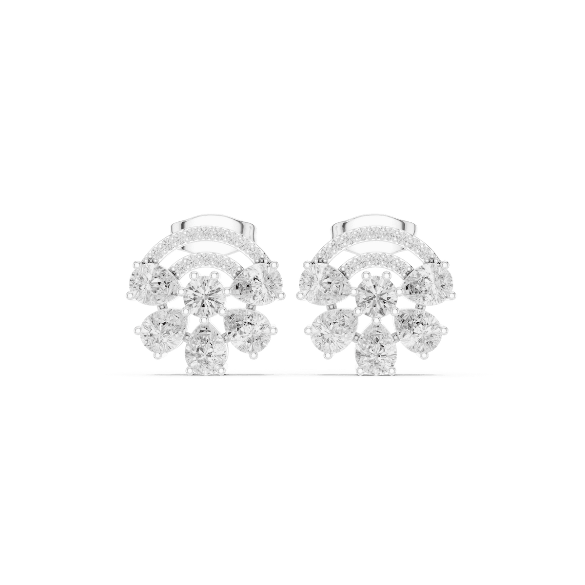 Baguette and round diamond cluster stud earrings featuring a modern geometric design with brilliant sparkling stones by Orova Jewels.