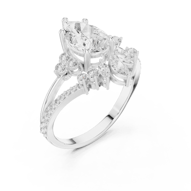 Three-stone diamond engagement ring featuring a brilliant round center stone, sparkling side stones, and a pavé-set band by Orova Jewels.