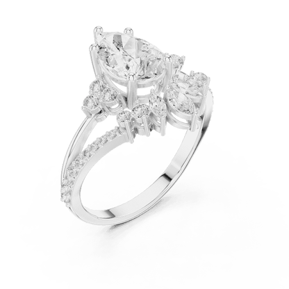 Three-stone diamond engagement ring featuring a brilliant round center stone, sparkling side stones, and a pavé-set band by Orova Jewels.