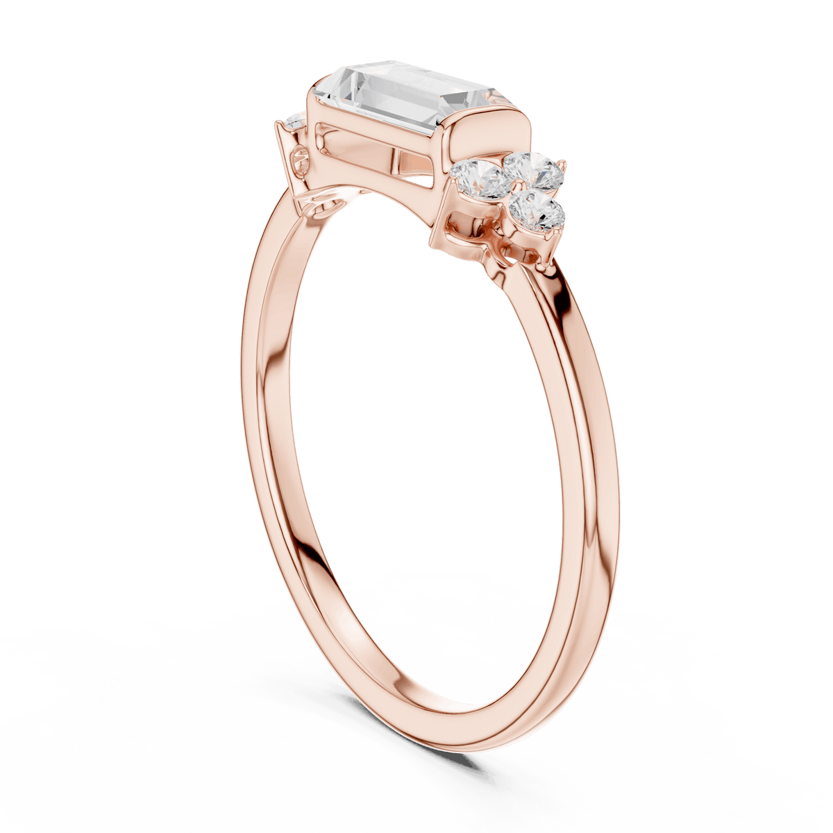 Emerald Cut Diamond Three-Stone Engagement Ring featuring an emerald-cut center stone with round diamond side accents on a polished band by Orova Jewels.