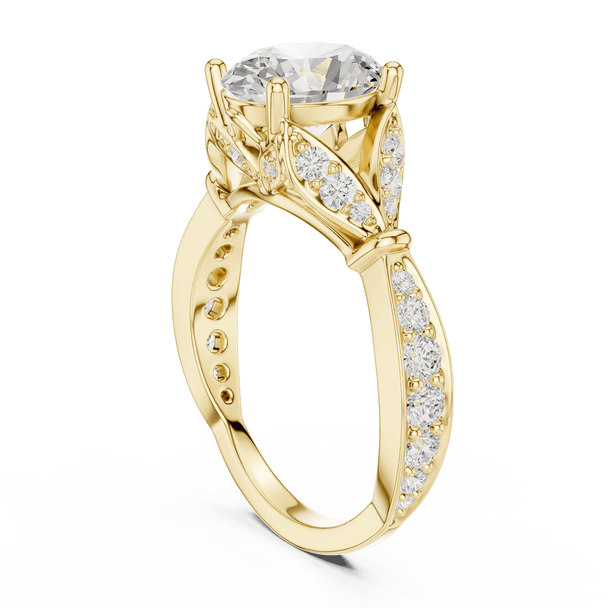Vintage Leaf Solitaire Diamond Engagement Ring featuring a round brilliant center stone, marquise leaf motifs, and pavé diamond accents on a polished band by Orova Jewels.