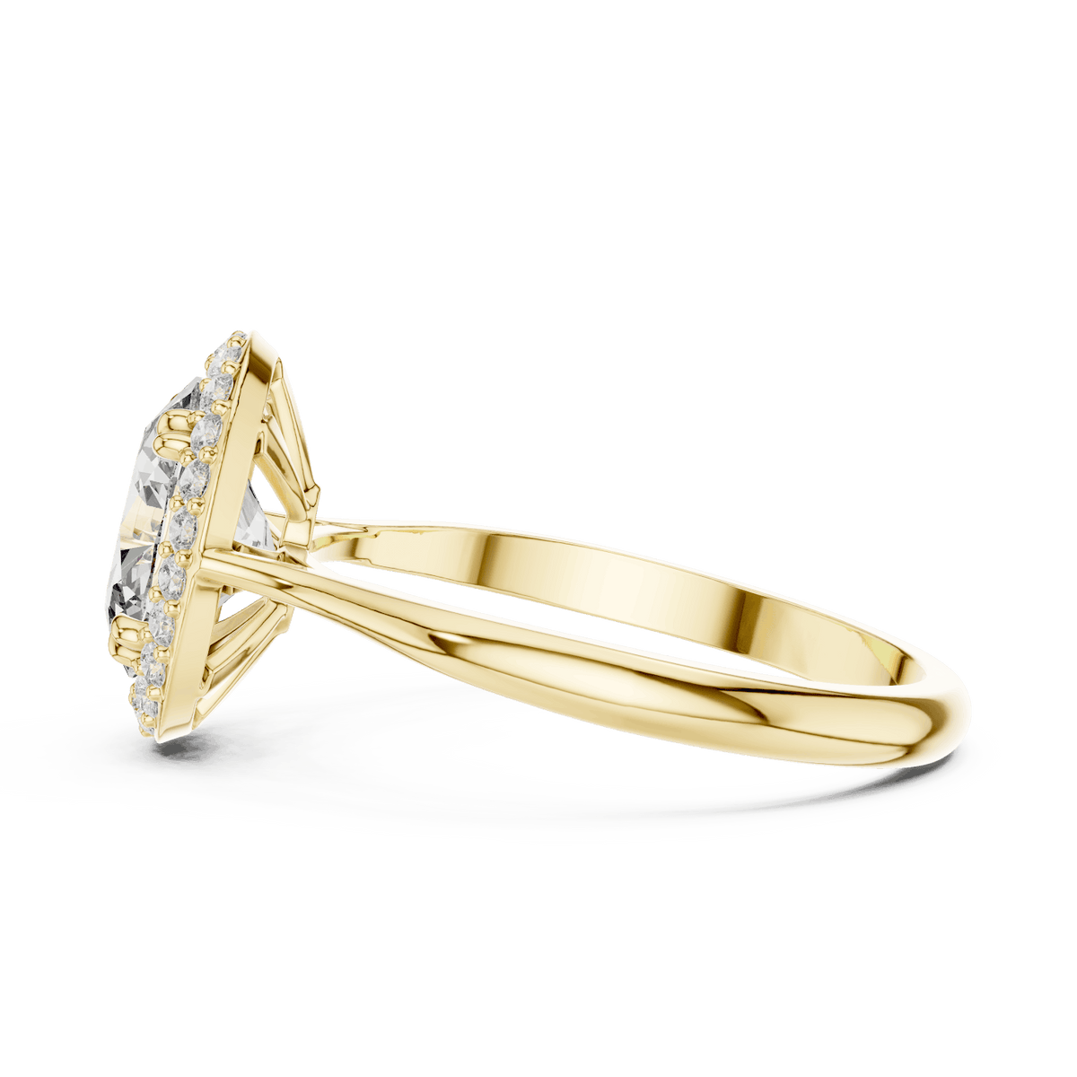 Classic halo diamond engagement ring featuring a brilliant round-cut center stone surrounded by a sparkling halo in a sleek cathedral-style setting by Orova Jewels.