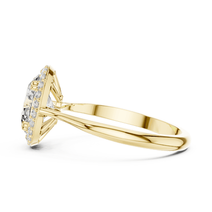 Classic halo diamond engagement ring featuring a brilliant round-cut center stone surrounded by a sparkling halo in a sleek cathedral-style setting by Orova Jewels.