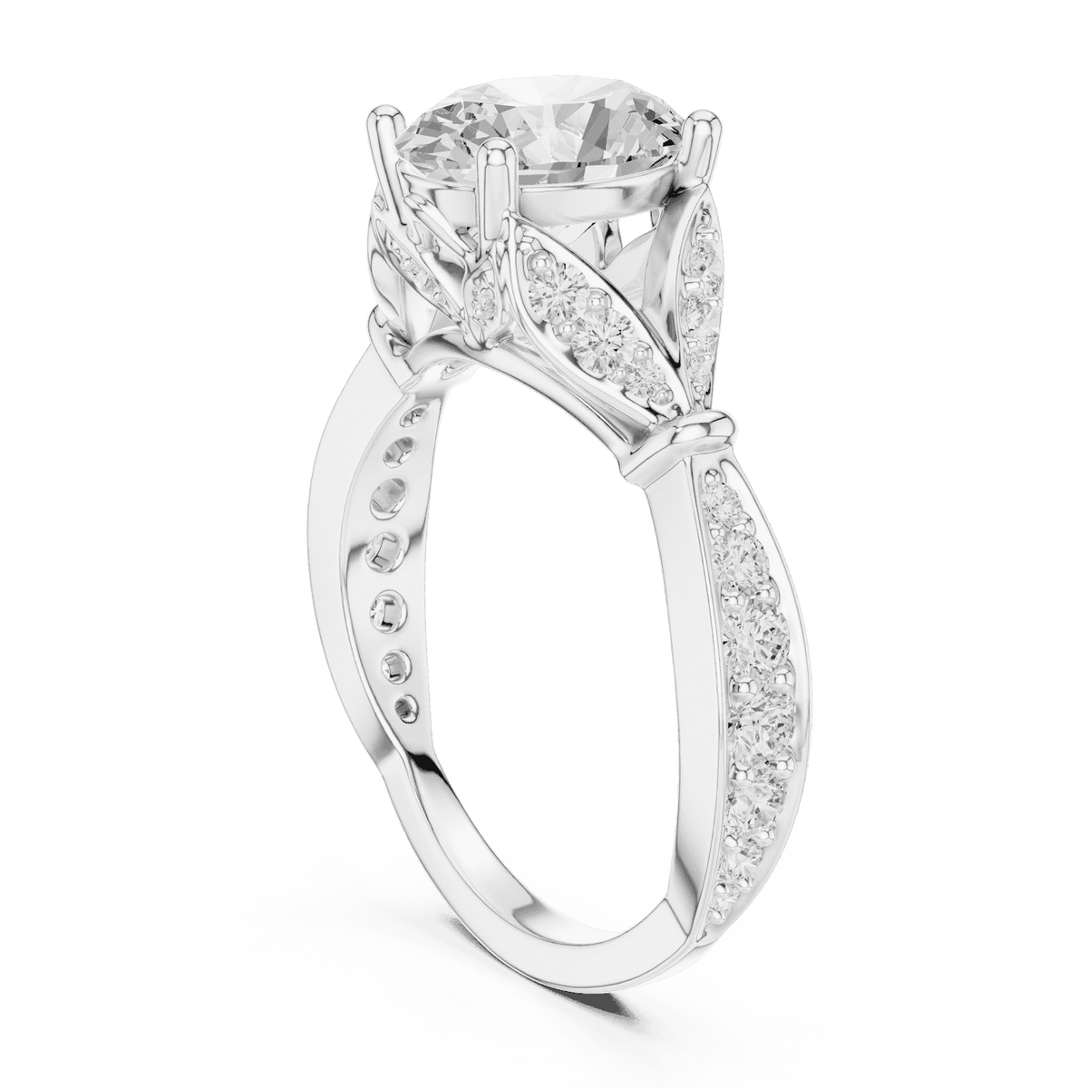 Vintage Leaf Solitaire Diamond Engagement Ring featuring a round brilliant center stone, marquise leaf motifs, and pavé diamond accents on a polished band by Orova Jewels.