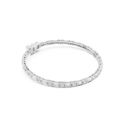 Baguette and round diamond tennis bracelet featuring alternating brilliant-cut stones with a secure box clasp by Orova Jewels.