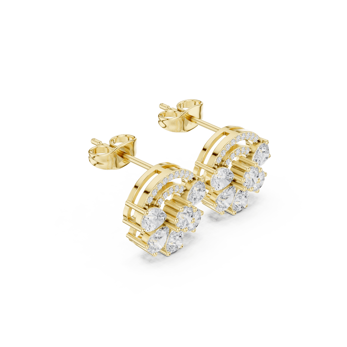 Baguette and round diamond cluster stud earrings featuring a modern geometric design with brilliant sparkling stones by Orova Jewels.
