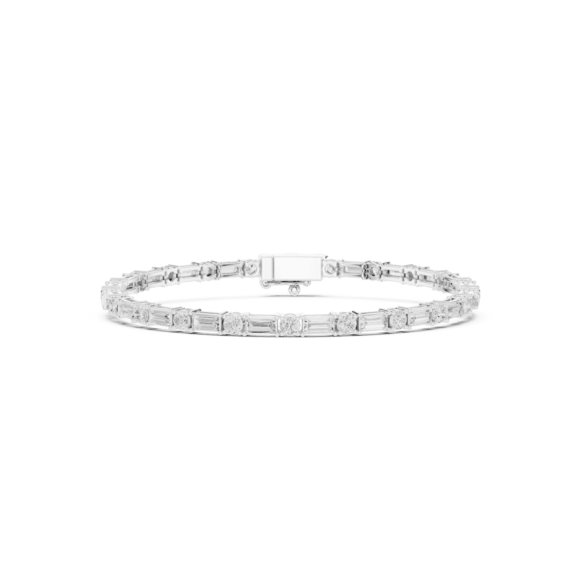 Baguette and round diamond tennis bracelet featuring alternating brilliant-cut stones with a secure box clasp by Orova Jewels.