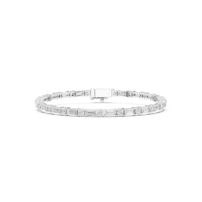 Baguette and round diamond tennis bracelet featuring alternating brilliant-cut stones with a secure box clasp by Orova Jewels.