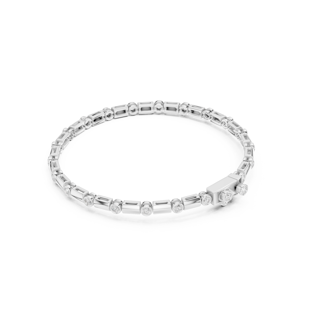Bezel and baguette diamond tennis bracelet featuring alternating round bezel-set stones and polished baguette links by Orova Jewels.