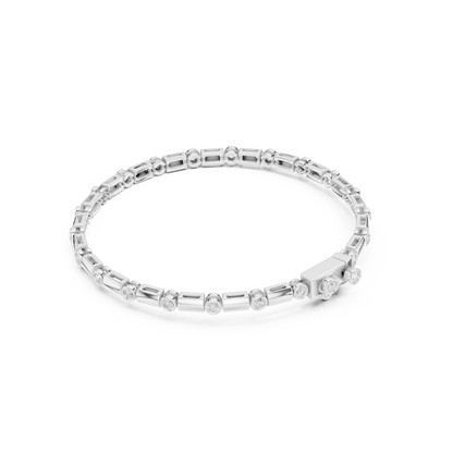 Bezel and baguette diamond tennis bracelet featuring alternating round bezel-set stones and polished baguette links by Orova Jewels.