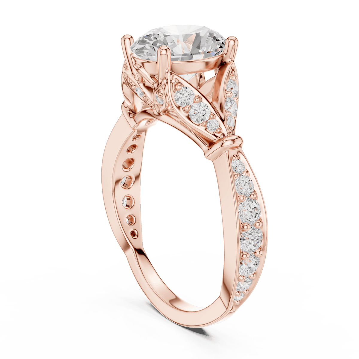 Vintage Leaf Solitaire Diamond Engagement Ring featuring a round brilliant center stone, marquise leaf motifs, and pavé diamond accents on a polished band by Orova Jewels.