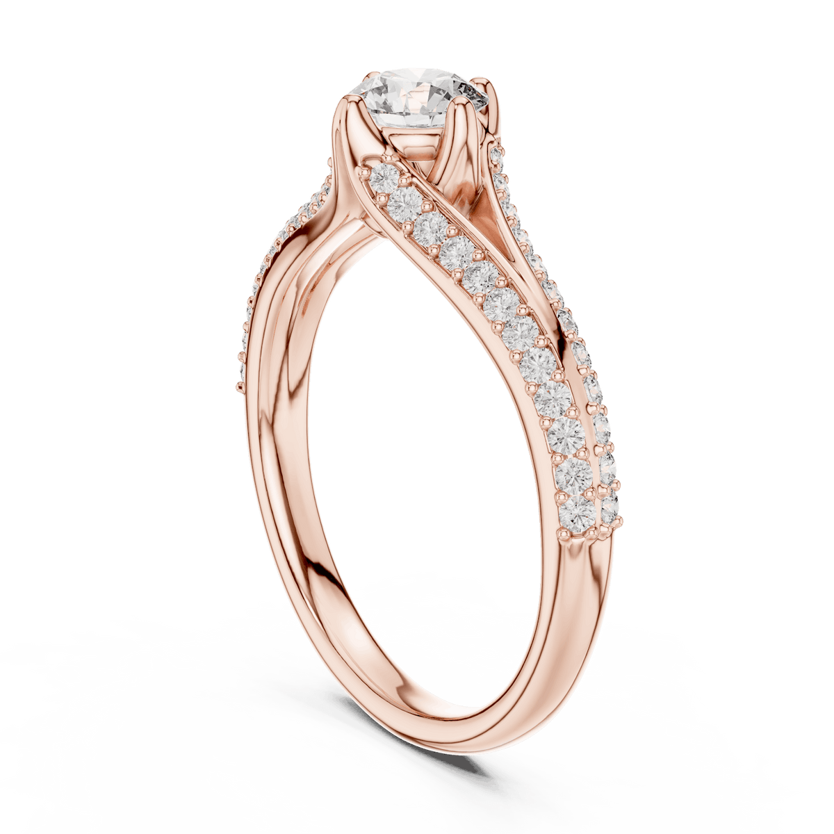 Twisted pavé solitaire diamond ring featuring a round-cut center stone, elegant crossover band, and sparkling pavé-set diamonds by Orova Jewels.