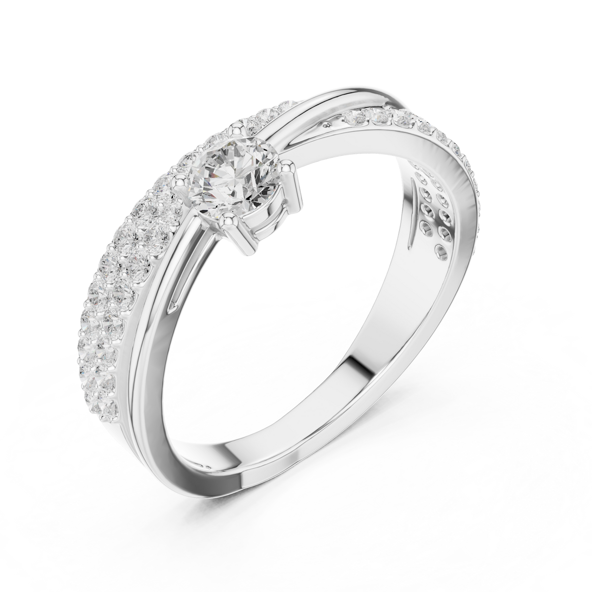 Pavé Diamond Solitaire Engagement Ring featuring a brilliant solitaire setting with a sparkling pavé diamond band and polished finish by Orova Jewels.