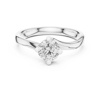Twisted solitaire diamond engagement ring featuring a round-cut center stone in a four-prong setting with a sleek sculpted twisted band by Orova Jewels.